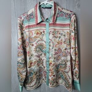 Zara Mulit Color Paisley Print Button Down Blouse Size Large 100 Polyester.